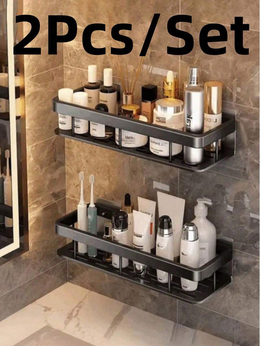 2pcs Large Capacity Wall-Mounted Bathroom Storage Rack, No Drilling Required, Space-Saving, Easy Installation, Can Store Toiletries, Cosmetics, Shampoo And Body Wash, Durable Load-Bearing Plastic Material, Shower Caddy - Black - View 1