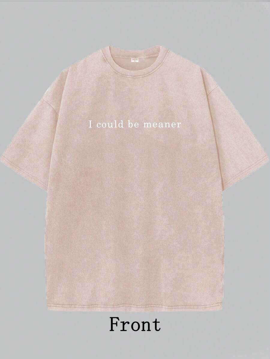 Vintage Wash Tee Grey I Could Be Meaner Slogan Casual Daily Wear Valentine's Day Gift Women/Men Summer Short Sleeves Cool Tops - 杏色 - 查看 1