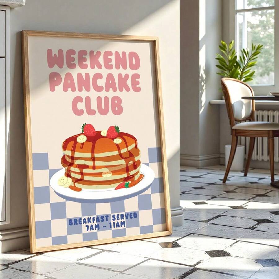 1幅复古海报墙饰，描绘了生动有趣的周末早餐煎饼美食艺术帆布画，独特而富有想象力的墙面装饰，是提升卧室或客厅氛围的理想之选。 - J - 查看 1