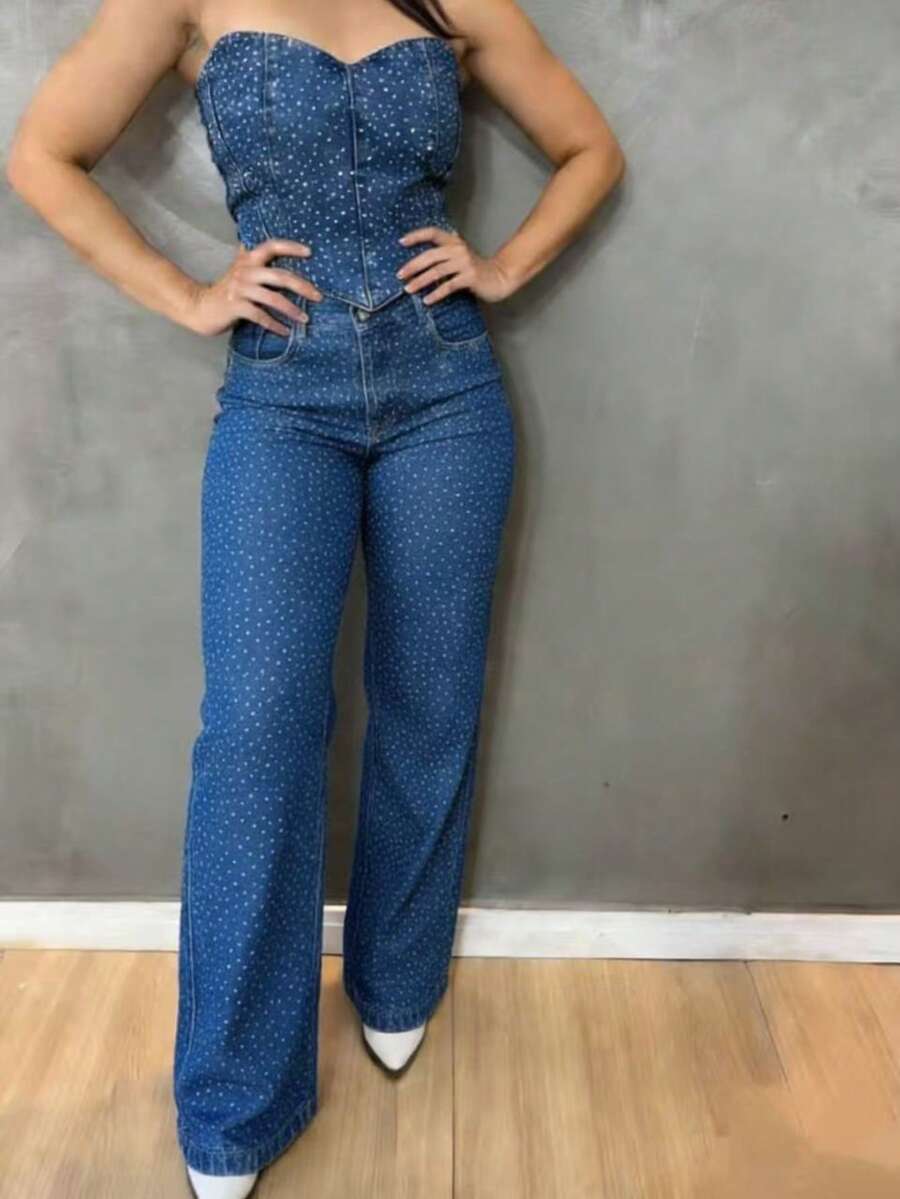 Kissmelady 3028 Dark+5002 Medium Color Shiny Jeans Set Cropped Top With Pants Women's Summer Cropped Vest Set - Rửa tối - Xem 1