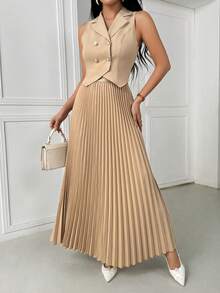 Elegant Commuter Double-Breasted Vest & Pleated Skirt Set - Khaki - View 5