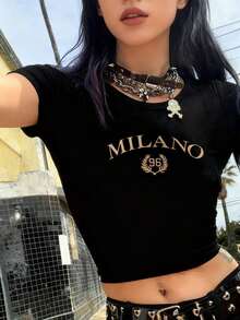"MILANO 96" Letter Print Crew Neck Crop T-Shirt, Casual Short Sleeve T-Shirt For Spring & Summer, Women's Clothing - màu đen - Xem 8