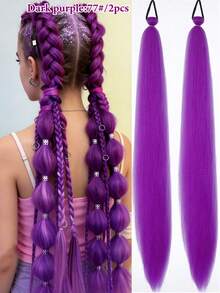 1 peça/2 peças Extensão de Peruca Trançada Colorida Roxa de 26 Polegadas para Crianças no Halloween, Acessórios de Cabelo Sintético Longo e Liso com Rabo de Cavalo Volumoso - Multicolorido - Visão 19