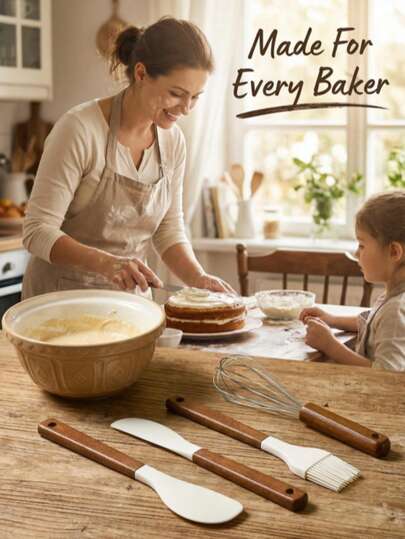 Mini Wooden Handle Silicone Baking Set, Silicone That Is And Odor-Free. Suitable For Daily Baking And Cake Dessert Making. The Non-Slip And Non-Heat-Handling Handle Is Durable And Resistant To Deformation, And Is Perfect For Baking Tools.