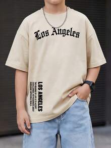 男童休闲印花圆领短袖T恤,夏季学生青少年服装 - 彩色字母印花T恤,为每个孩子带来欢乐!洛杉矶 - 杏色 - 查看 3