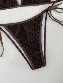 新款女士渔网比基尼套装，性感系带闪亮泳衣，沙滩装 - 棕色 - 查看 7