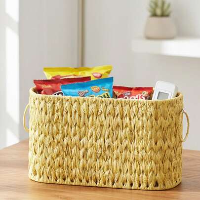 定制长方形收纳盒，藤编收纳篮，简约桌面零食杂物收纳篮