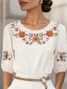Plus-Size Women's Embroidered Multi-Functional Casual Top, Spring/Summer Shirt - 白色 - 查看 1