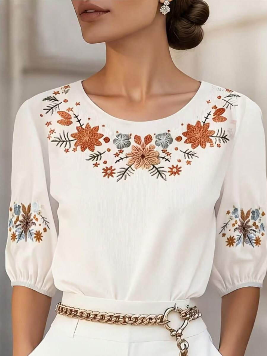 Plus-Size Women's Embroidered Multi-Functional Casual Top, Spring/Summer Shirt - 白色 - 查看 1