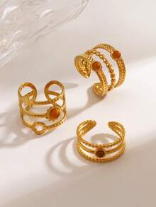 3pcs/Set Stainless Steel 18K Gold Plated Fashionable Cat Eye Stone Inlaid Geometric Sun Open Ring, Suitable For Women Daily Wear And Party - Gold - View 4