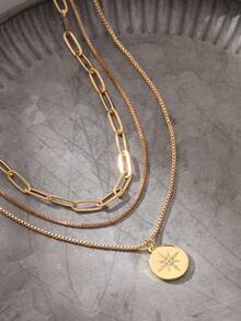 3pcs Cute & Unique Paper Clip Design Necklace With Shiny Round Pendant Inlaid Star Pattern, Women Jewelry Accessories - Yellow Gold - View 4