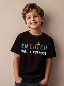 Christian T-Shirt - Created With A Purpose Church Outfit - Soft Breathable Black Religious Shirt With Turquoise & Orange Lettering - Sunday School, Youth Group, Everyday Faith-Based Clothing - Machine Washable Christian Apparel For Boys & Girls, Faithbased Attire, Round Neck Design, Comfortable Fit - Casual Style, Regular Fit, All-Season Wear, Inspirational Message, Easy Care, Durable Material, Youth Group Attire, First Day Of School Outfit With Welcome Text & Apple Graphic - 彩色 - 查看 1