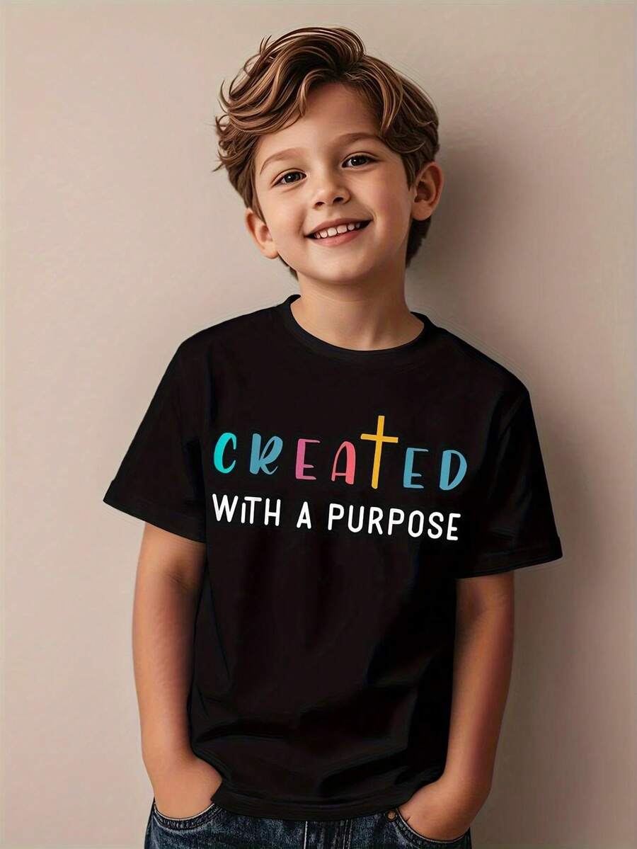 Christian T-Shirt - Created With A Purpose Church Outfit - Soft Breathable Black Religious Shirt With Turquoise & Orange Lettering - Sunday School, Youth Group, Everyday Faith-Based Clothing - Machine Washable Christian Apparel For Boys & Girls, Faithbased Attire, Round Neck Design, Comfortable Fit - Casual Style, Regular Fit, All-Season Wear, Inspirational Message, Easy Care, Durable Material, Youth Group Attire, First Day Of School Outfit With Welcome Text & Apple Graphic - 彩色 - 查看 1