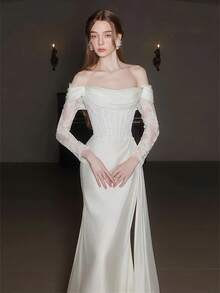 Elegant Sexy Off Shoulder Long Sleeves Mermaid Satin Formal Bridal Dress Registration Wedding Dress For Bride,Bridal Fashion,Evening Party Dress Bridal Gowns,Romantic Church Ceremony Wedding Dress,Suitable For Wedding,Party,Singles' Party,Vacation,Bride,Formal Occasions,Dinner Dress,Prom Dress,Homecoming Dress,Cocktail Party - 白色 - 查看 3