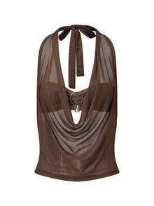 Women Layered Bandeau Cowl Neck Top Metal Circle Halter Tank Top Sexy Backless Crop Tops Summer Sleeveless Slim T-Shirts For Party Streetwear - nâu sẫm - Xem 8