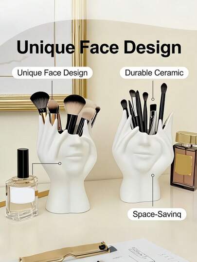 创意手形桌面收纳盒，独特的人体造型设计，艺术感十足的桌面装饰，实用优雅的化妆品收纳盒，带刷架，适用于家庭、沙龙、办公室，可收纳化妆刷、铅笔、口红等，现代时尚的梳妆台配件，轻巧便携，是理想的礼物和房间装饰。