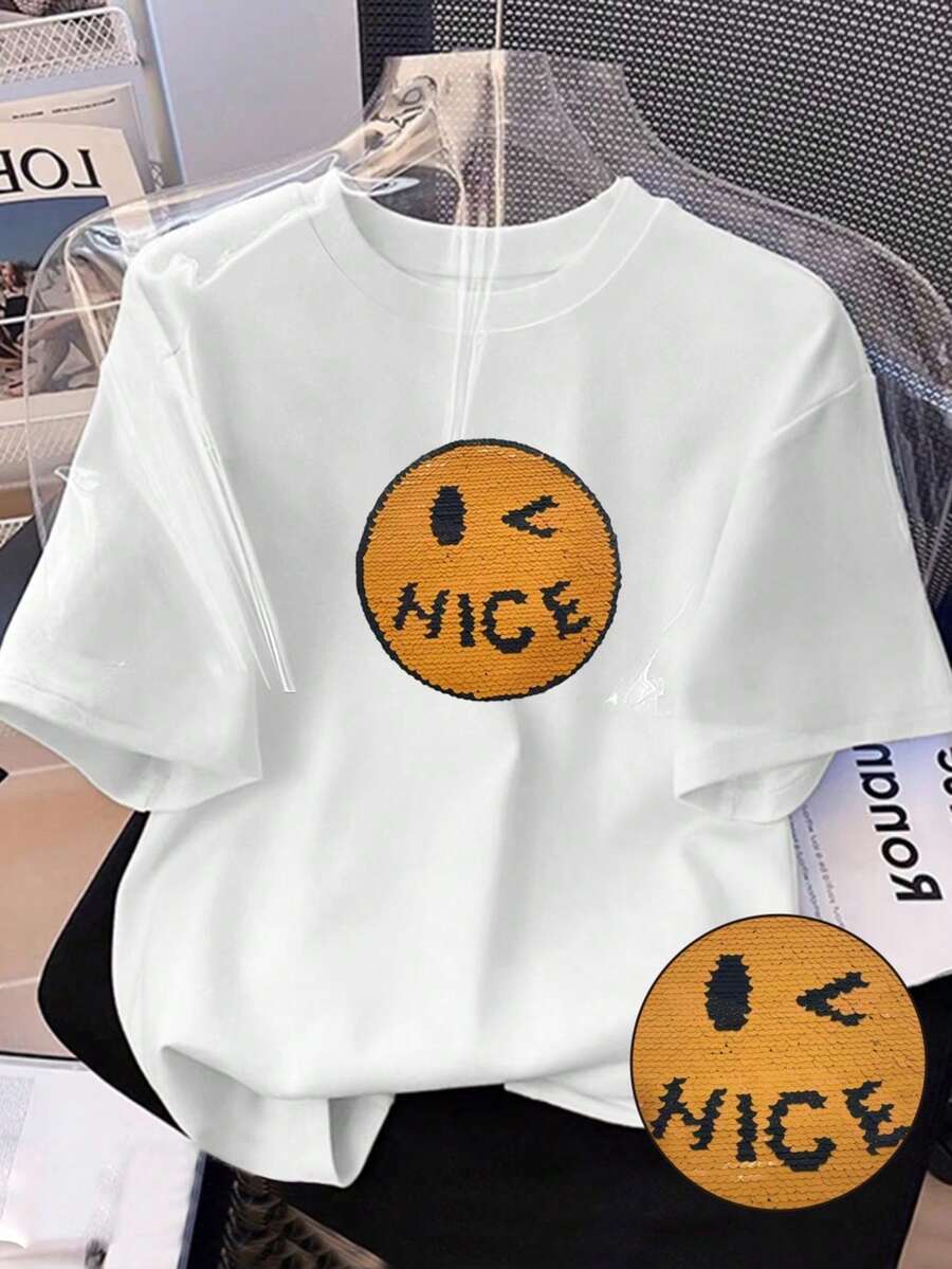 Y2K Style White T-Shirt | Cute Yellow "NICE" Polka Dot Pattern Design | Comfortable Casual Top Summer - White - View 1