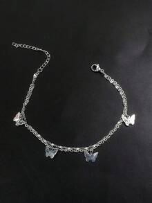 1 chiếc vòng chân và dây đeo môi hình bướm rỗng hai lớp tối giản bằng thép không gỉ dành cho nữ. - Bạc - Xem 1