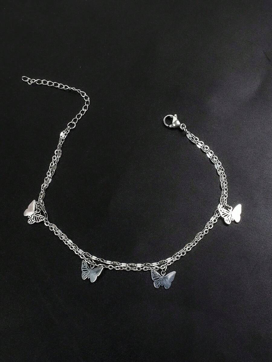 1 chiếc vòng chân và dây đeo môi hình bướm rỗng hai lớp tối giản bằng thép không gỉ dành cho nữ. - Bạc - Xem 1