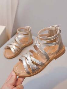 1 đôi sandal cao cổ đế bằng kiểu công chúa dễ thương cho bé gái, chống mài mòn và chống trượt, sandal La Mã hở mũi thời trang cho mùa hè - Vàng - Xem 2