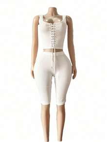 Women's Suit: Fashionable Fall-winter Cool Girl with A Tie At The Chest, A Small Backless Top, and Fitted Solid-color Pants Set - Blanco - Ver 3