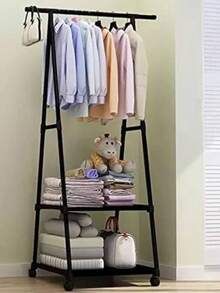 Perchero rodante para ropa, Perchero triangular de almacenamiento de 2 capas con ruedas de freno de 360 ​​°, Perchero multifunción para ropa Tubo de acero de 16 mm Estable Sólido - Negro - Ver 3