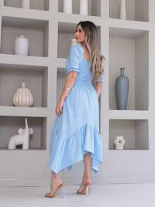 Vitoria Vestido midi de ponta elegante liso crepinho  Manga Curta - Azul bebê - Visão 4
