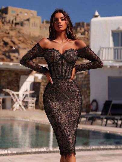 Women's Elegant Lace Off Shoulder Long Sleeve Backless Bandage Cocktail Party Dress, Valentine's Day