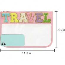 Chenille Letter Clear Zipper Pouch For Travel,Nylon Clear Cosmetic Bag,Makeup Travel Bag For Women Girls 11.8 Inches X 8.2 Inches - Pink - View 4
