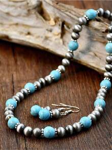Conjunto de joyería vintage de color plata antiguo con collar de turquesa retro, aretes estilo país occidental y cuentas - Multicolor - Ver 9