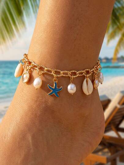 1pc Bohemian Style Alloy Starfish, Shell, Faux Pearl Anklet, Suitable For Women Beach Vacation Summer Party Gift