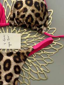 两件套几何与热带花卉印花泳衣，休闲可爱优雅性感波西米亚风系带比基尼，适合春夏海滩度假，女士套装，沙滩装，女士比基尼，女士沙滩套装 - 豹紋 - 查看 5