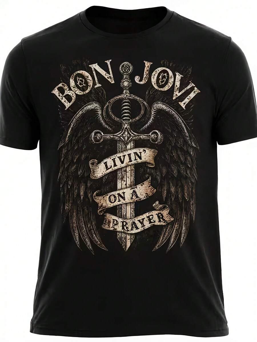Vintage Rock Band Bon Jovi Sword Wings Print TShirt, Great For Lounging, Going Out Or Gift Giving Ideal For Christmas, Valentine's Day And Rock Music Lovers - 黑色 - 查看 1