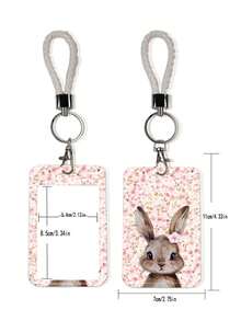 1pc ABS Floral Rabbit Pattern Fashion Personalized Cartoon Pull-Push Card Holder Keychain Bag Pendant, Student Wristband Card Holder, Ladies Wristband Card Holder, ID Bus Protection Case, Student Campus Card Protection Case - Rectangle - View 5