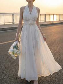 Elegant Ruffled Chiffon Spaghetti Strap A-Line Dress, Backless Design, Suitable For Birthday Party, Evening Gala, Beach Vacation Wedding - Apricot - View 6