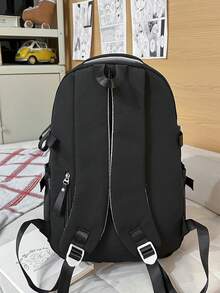 1pc Black Lightweight Nylon Multi-Compartment Backpack, Zipper Closure, Suitable For Students And Commuting, All Season - Black - View 4