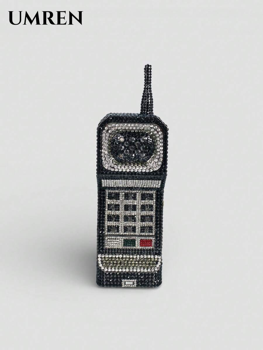 Bolso de mano con forma de teléfono celular, con cristales de strass, bolso de noche de cristal lindo y novedoso con diamantes para fiesta, baile de graduación y cóctel - Negro - Ver 1