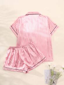 2Pcs Women's Pajama Set Features A Bowknot Embroidery And Striped Print On Satin Fabric, Including A Short-Sleeved Button-Down Shirt And Shorts, Perfect For Casual Loungewear In The Summer. - Watermelon Pink - View 2