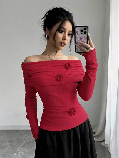 Women's Solid Color Fitted One Shoulder Pleated 3D Floral Wool Sweater, Elegant And Intellectual Ladies' Spring Outerwear, Casual Vacation Ladies' Top