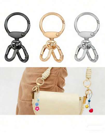 1pc Multi-Function 3-Hole Metal Spring Clip, Alloy Keychain Accessory, 360° Rotating Lobster Clasp Hook, Adjustable Fashion Strap Buckle, Ultimate Accessory For DIY And Bag Pendant