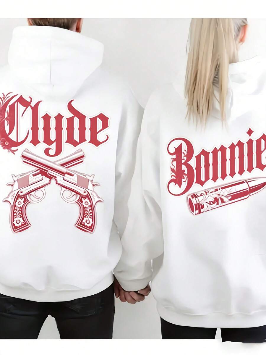 Couple Matching Gothic Bonnie And Clyde Print Hoodie, Unisex 250g Heavyweight Fleece Drawstring Pullover, Valentine's Casual Gift Sweatshirt - 男士款-白色 - 查看 1
