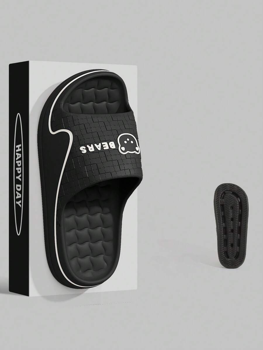 2026新款女士拖鞋，简约格子室内休闲拖鞋，可爱卡通设计，编织图案，印花，夏季浴室拖鞋；2026新款男士拖鞋，室内拖鞋，女士塑料拖鞋，情侣沙滩凉鞋，舒适透气轻便弹性 - 黑色 - 查看 1