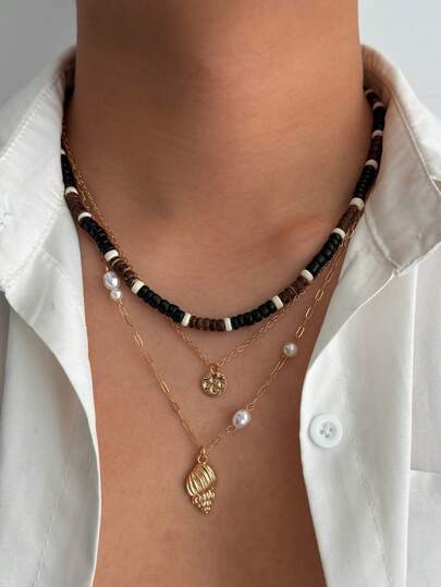 3pcs/Set Hip-Hop Vintage Seashell Pendant, Coconut Wood & Faux Pearl Beaded Necklace Set, Geometric Chain Charm Jewelry, Gothic Rock Design, Casual Streetwear, Party, Dating, Gift For Men