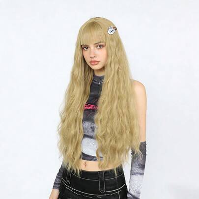 Sweet Ash Blonde Long Curly Wig With Bangs Fluffy Synthetic Wig For Y2K Daily & Cute Outfits