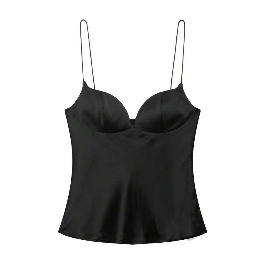 DEEKA Women's Satin Camisole Top, Sexy And Fashionable, Black, Spring/Summer - Black 1 - View 1