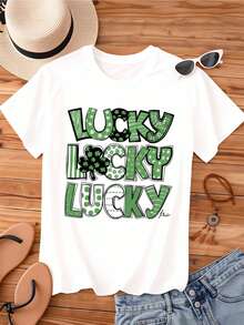 Lucky Lucky Lucky St Patrick's Day T Shirt Green Shamrock Print Casual Women's Top Festive Holiday Wear Comfortable Cotton Tee For Saint Patrick's Day Celebration - 白色 - 查看 2