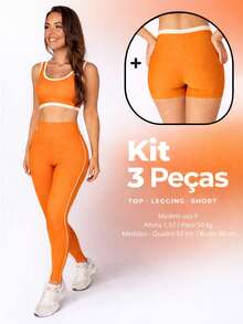 Women's 3-Piece Fitness Kit – Top, Shorts, And High-Waisted Leggings - 橘色 - 查看 1