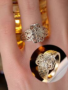 1pc Vintage Palace Style Hollow Floral Wire Flower Ring Jewelry Design, Suitable For Daily Wear And Gatherings - Ring - View 4