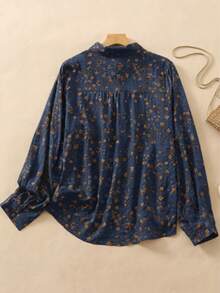 Blusa de cardigan con cuello polo versátil de manga larga con estampado floral diminuto para mujer de talla grande, ideal para vacaciones de primavera - Azul - Ver 3