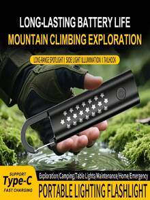 Multifunktionale Outdoor EDC Taschenlampe und Campinglaterne, einstellbarer Fokus super helles weißes Licht und COB Seitenlicht, USB aufladbare ABS Taschenlampe mit Haken für Camping, Wandern, Notfälle - Schwarz - Übersicht 3